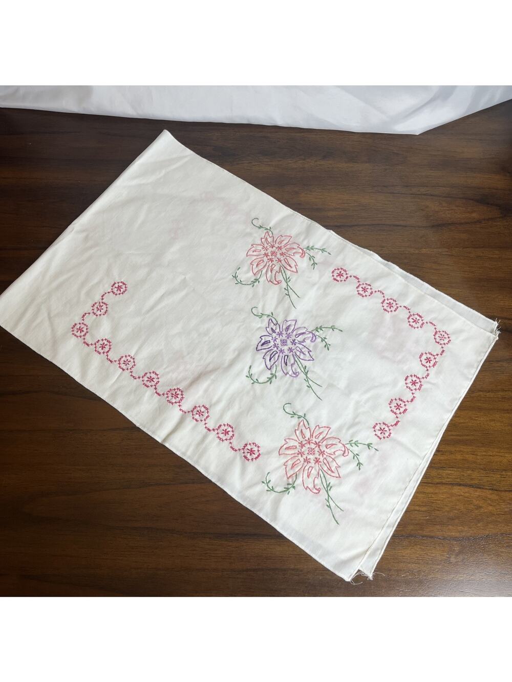 Cream Fabric Dresser Table Runner Hand Embroidered Vintage Purple & Pink Flowers